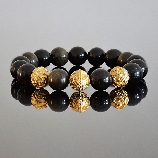 gold and golden sheen obsidian mens beaded bracelet
