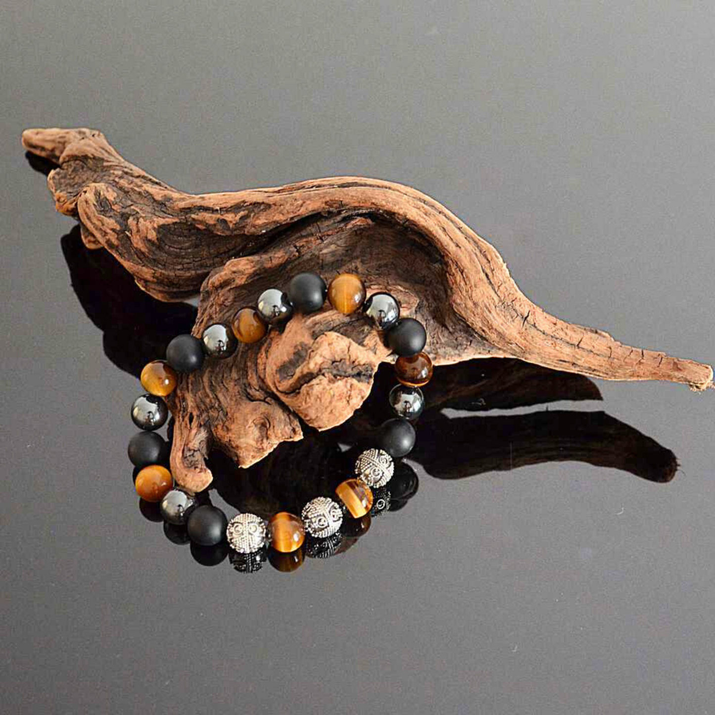 Men's Hematite, Onyx & Tiger Eye Bracelet - Bold Masculine Elegance