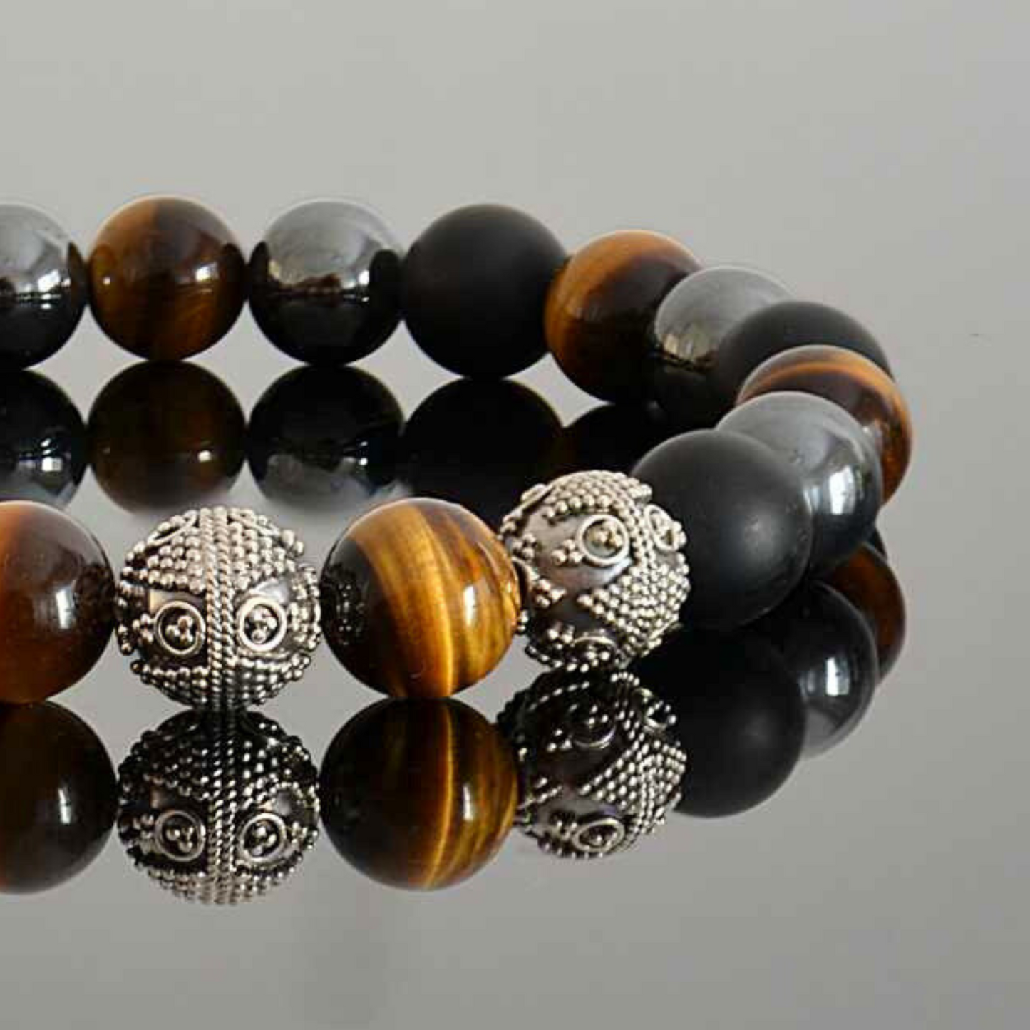 Men's Hematite, Onyx & Tiger Eye Bracelet - Bold Masculine Elegance