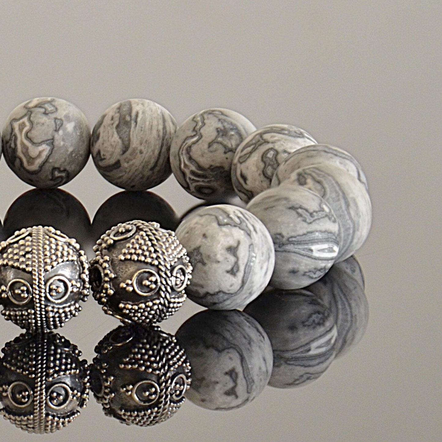 high grade gray picasso jasper and silver mens bracelet