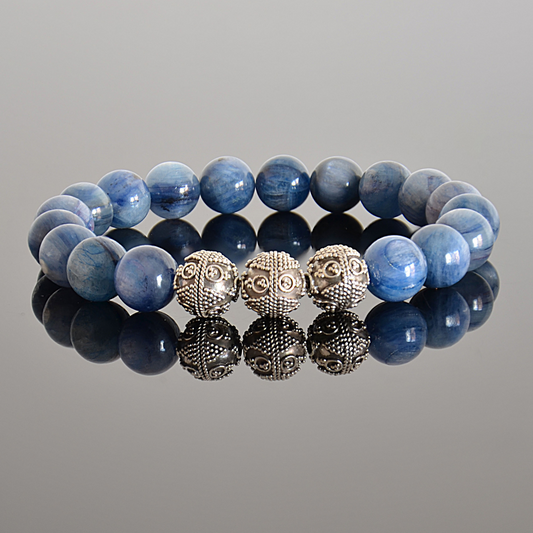 mens blue kyanite and silver custom beaded bracelet