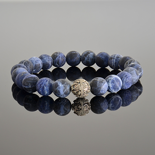 Men's Matte Blue Sodalite and Sterling Silver Beaded Bracelet