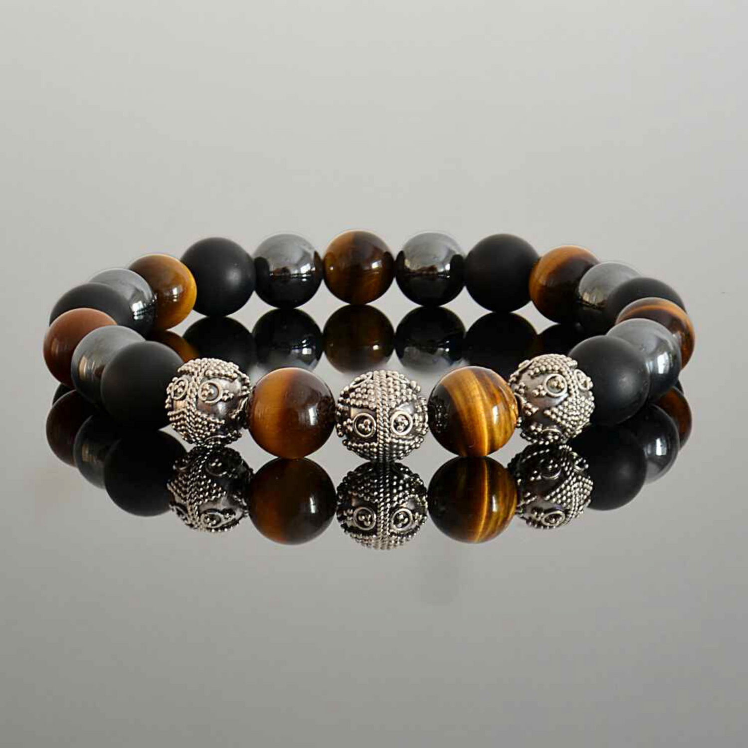 mens high grade mixed gemstone and sterling silver beaded bracelet