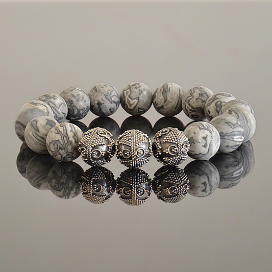10mm matte picasso jasper and sterling silver mens beaded bracelet