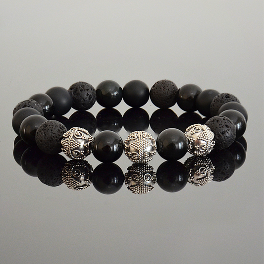 Men’s Black Stone Bracelet - Obsidian, Onyx & Lava Rock