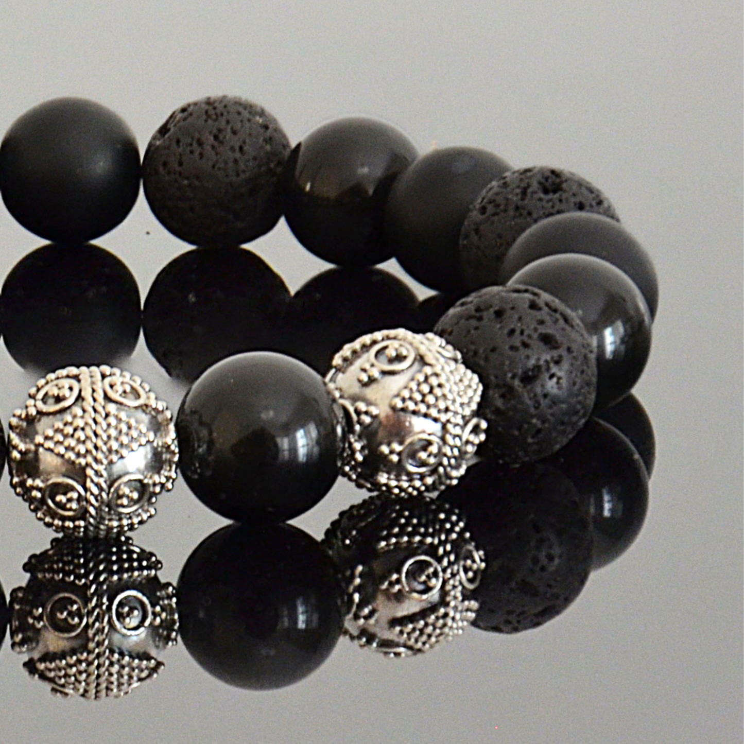 Men’s Black Stone Bracelet - Obsidian, Onyx & Lava Rock