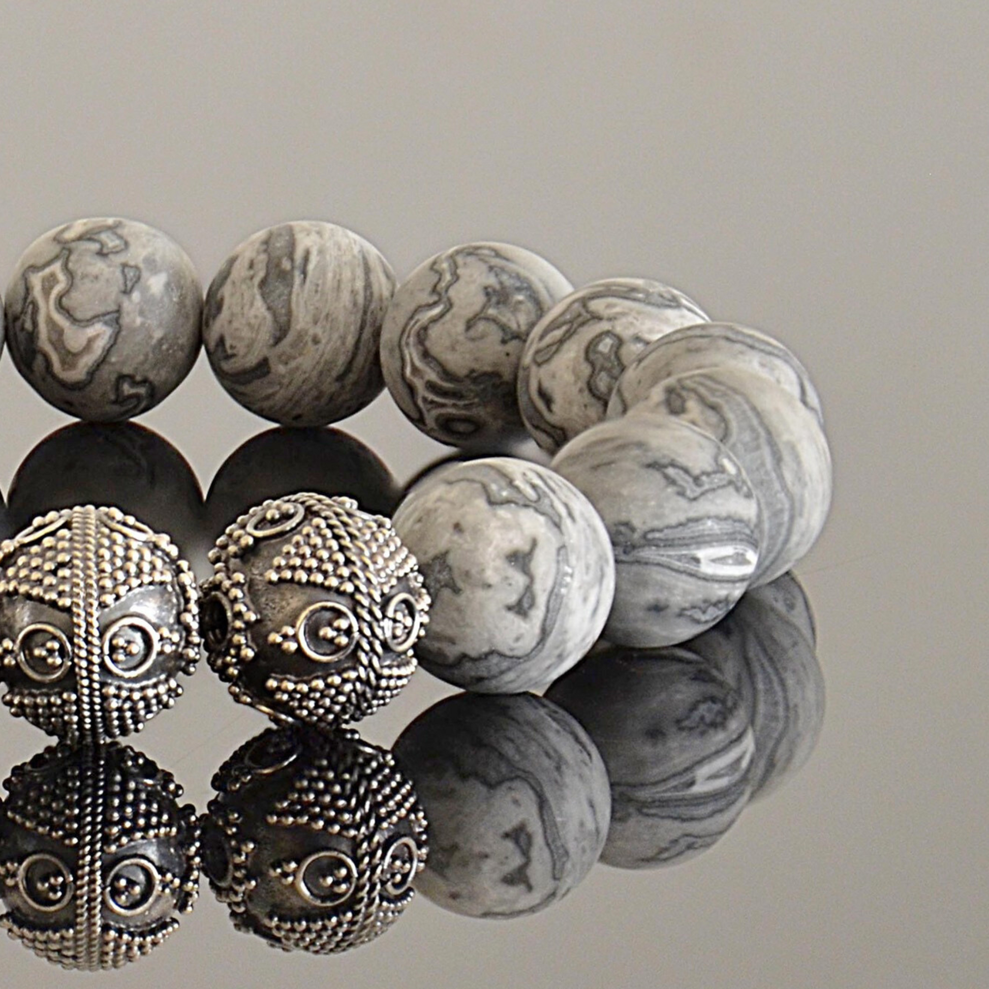 high grade gray picasso jasper and silver mens bracelet